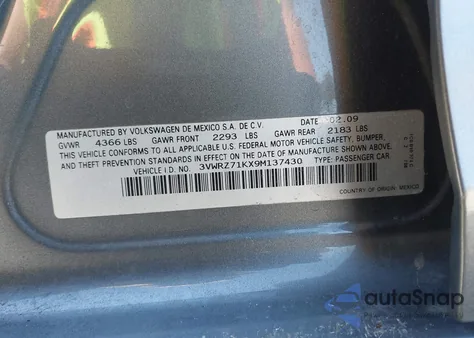 2009 Volkswagen Jetta Se из США, поврежденный, VIN 3VWRZ71KX9M137430